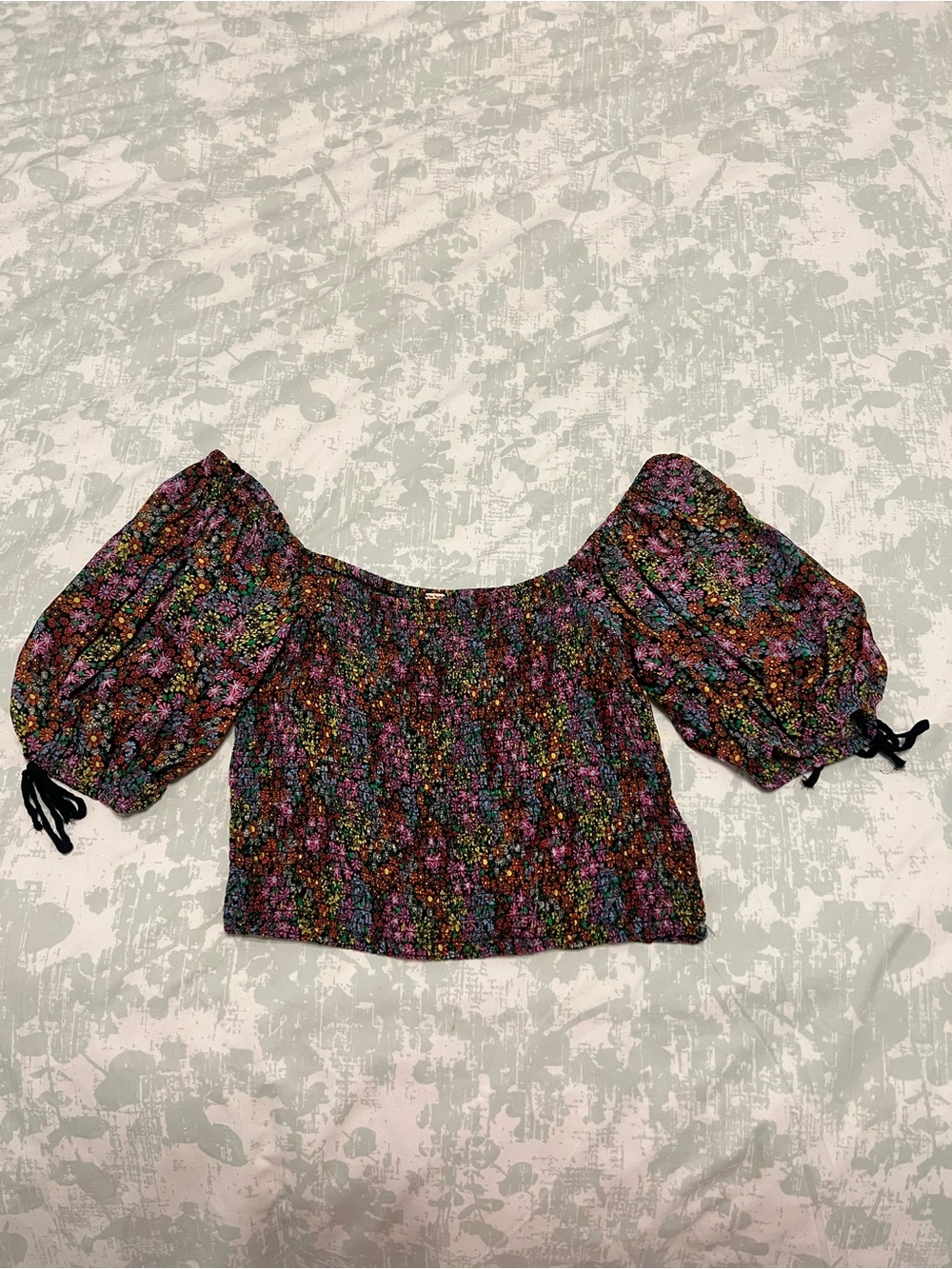 Free People Floral Smocked Off-Shoulder Crop Top - Black Multicolor